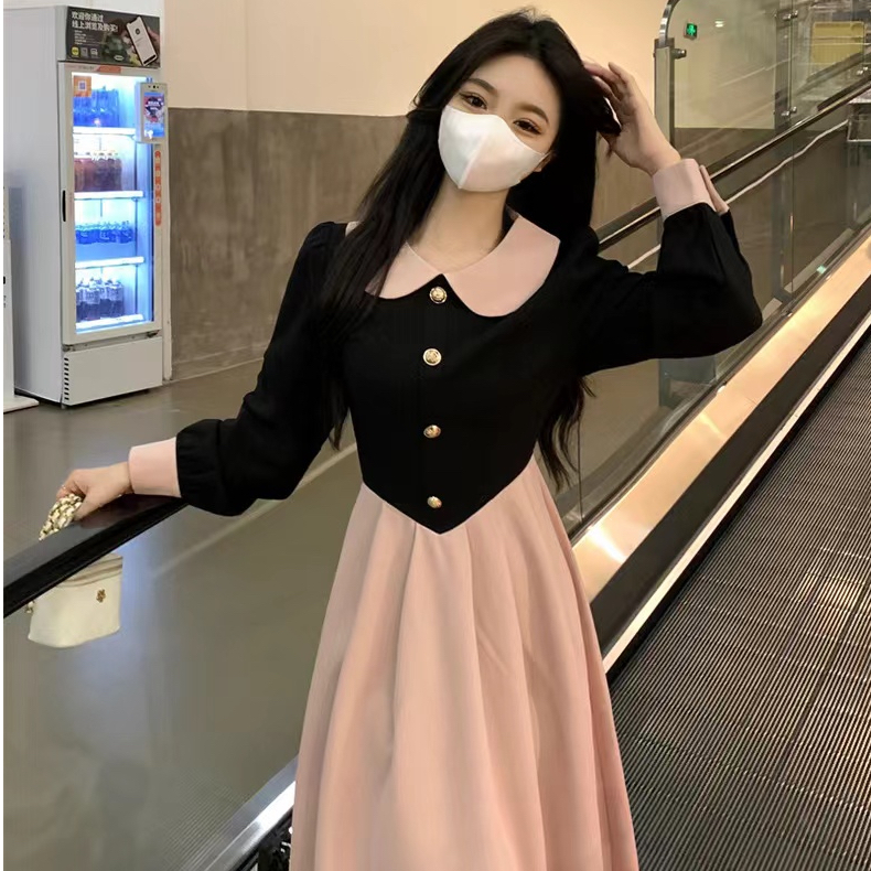 Original fabric + method French retro Hepburn style dress 2023 autumn and winter doll collar sweet high waist slimming