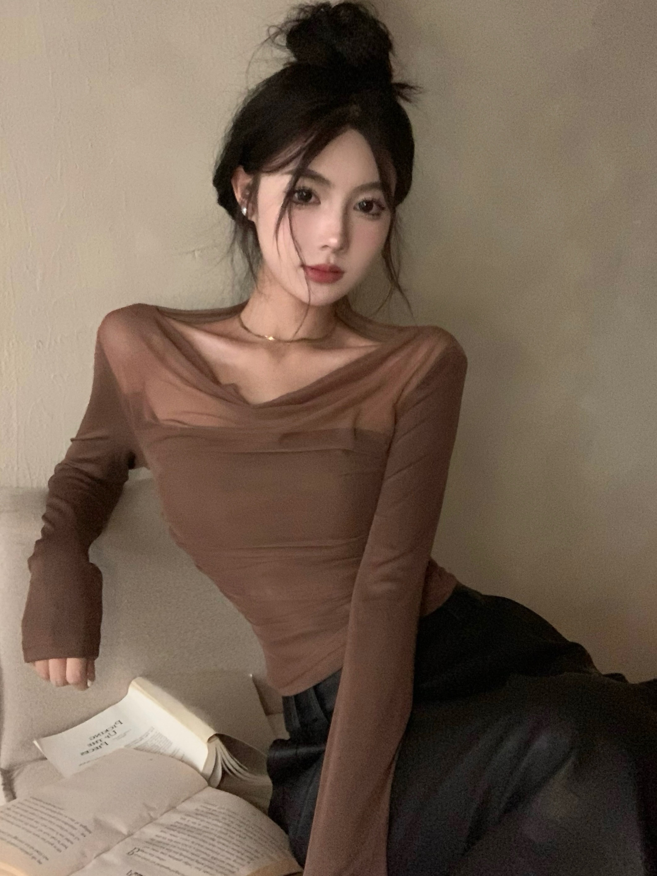 French retro swing collar spliced ​​mesh sexy slim fit T-shirt bottoming shirt
