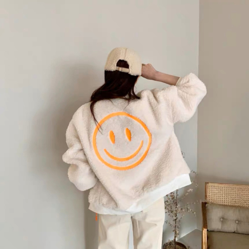 2023 autumn and winter new American style imitation lamb plush smiley face embroidered baseball uniform jacket jacket for women ins trend