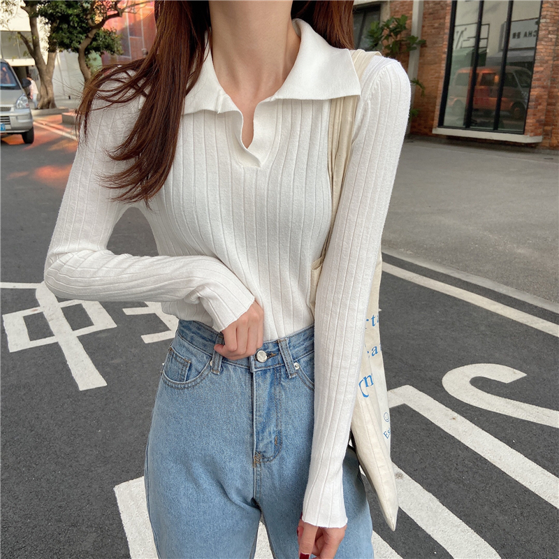 Korean style chi striped POLO collar light and mature stretch knitted bottoming shirt for women