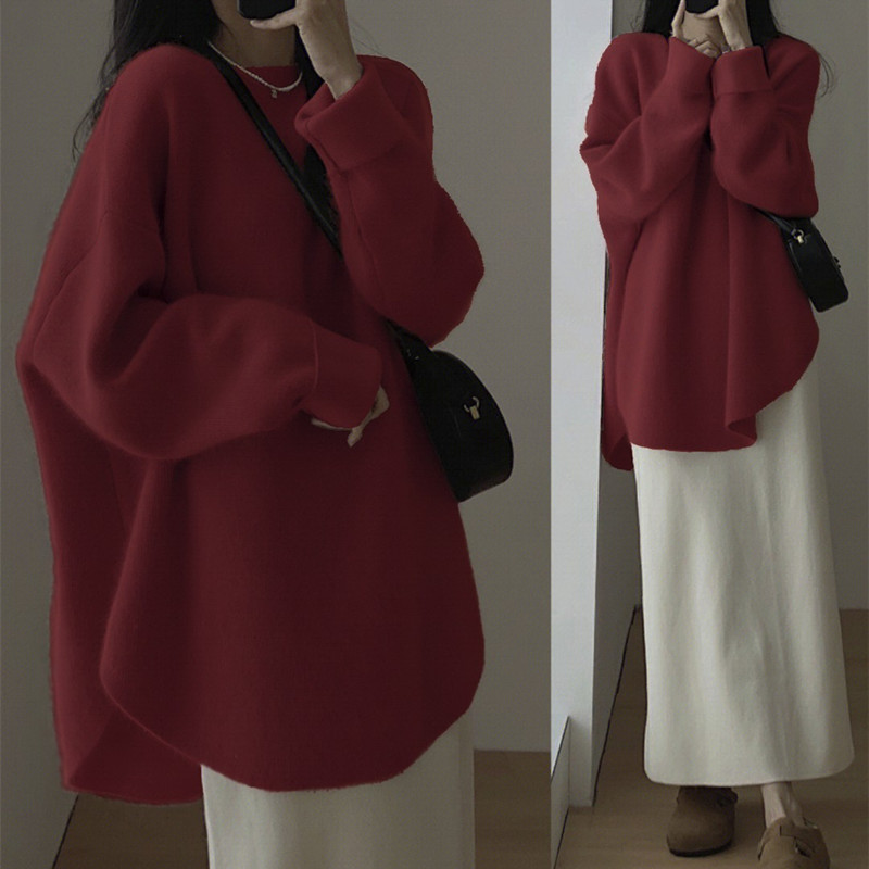Autumn and winter Korean style large size fat MM raccoon velvet pullover sweater outer wear mid-length Japanese style lazy slit sweater