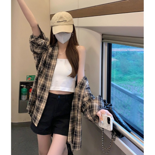 Early autumn lazy style loose plaid shirt women's design retro long-sleeved casual chic Korean tops and jackets