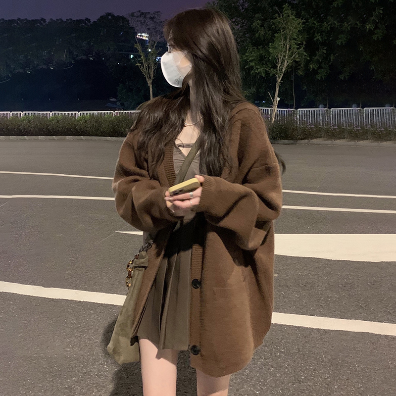 Autumn new Korean ins lazy style large plate large size knitted cardigan thickened loose v-neck sweater jacket for women