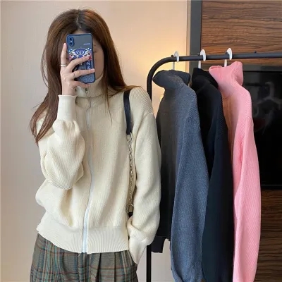 Gentle wind soft waxy high collar cardigan jacket Japanese lazy retro long-sleeved sweater top early autumn fashionable women's clothing