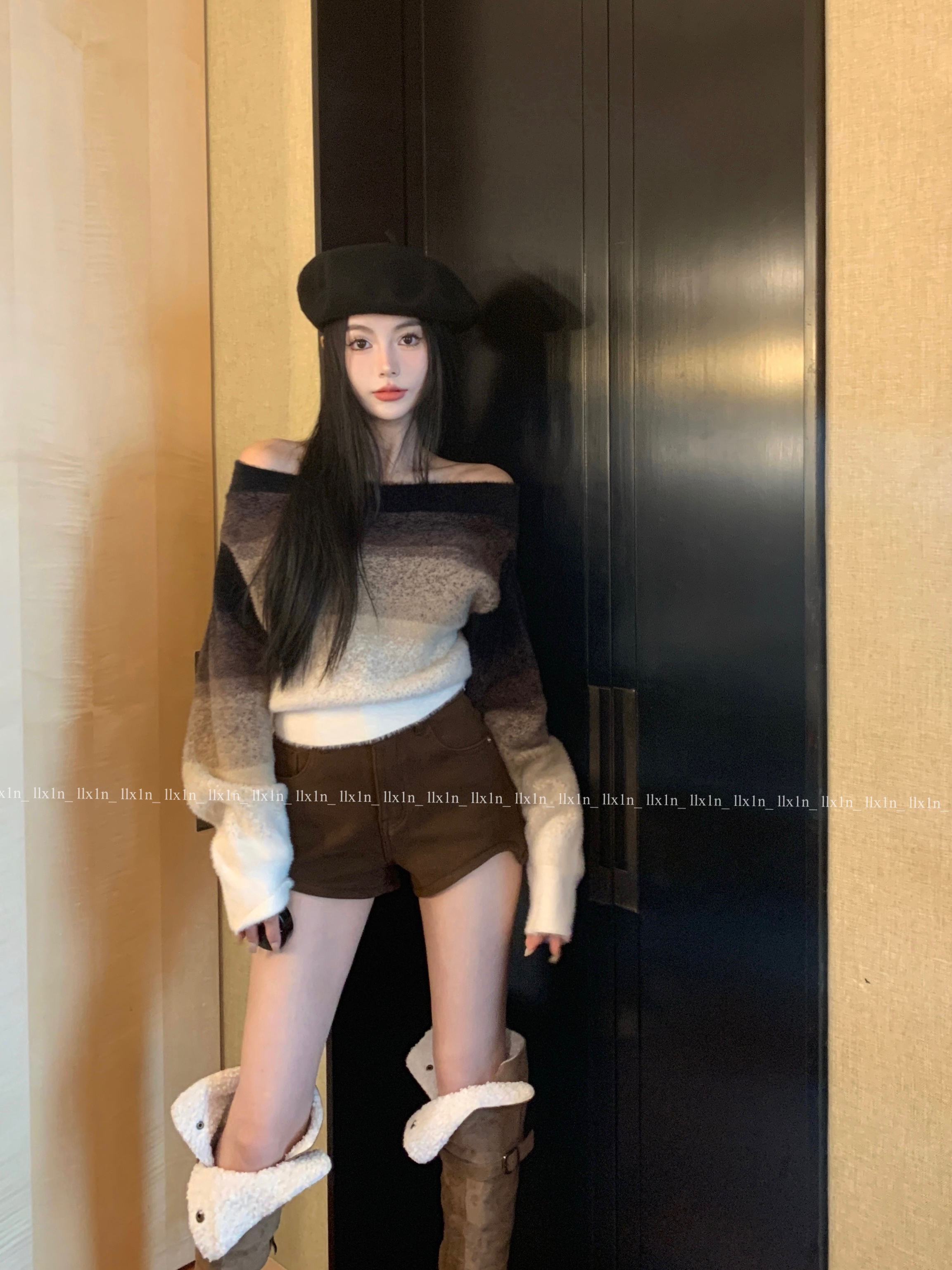 復古洋氣撞色水貂絨一字肩毛衣慵懶百搭上衣