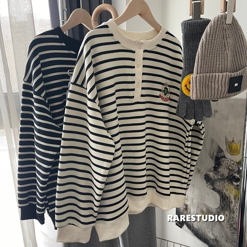 Minnie yarn dyed 2023 spring embroidered badge college style striped three-breasted pullover sweatshirt