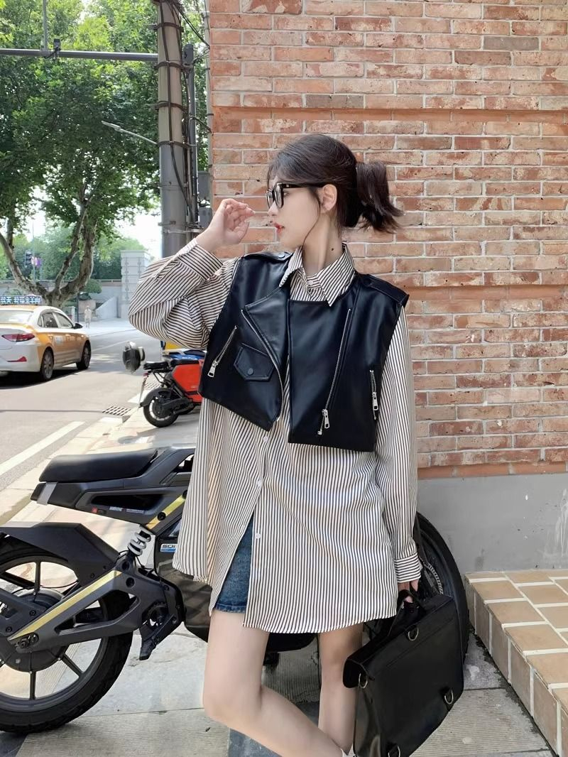 Designed short stacked zipper leather vest striped long-sleeved shirt women's autumn 2023 new fashion suit
