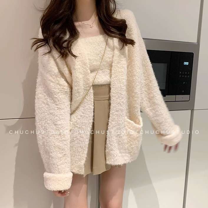 Lazy style gentle woolen sweater jacket for women, mid-length loose outer waxy wool knitted cardigan autumn and winter top for women