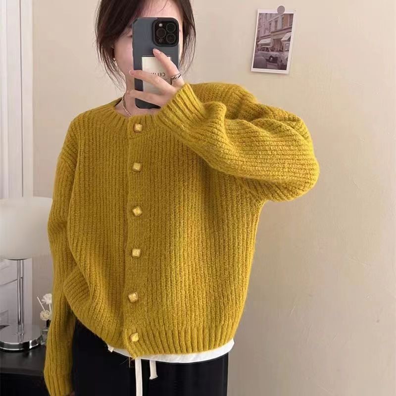Lazy style Korean style loose sweater jacket 2023 autumn and winter new temperament silhouette solid color thickened knitted cardigan