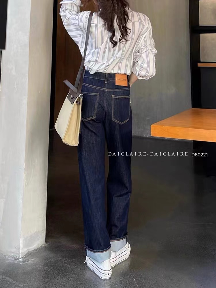 代嘉兒牛仔褲女秋daiclaire60221直筒褲高腰普洗藍闊腿褲