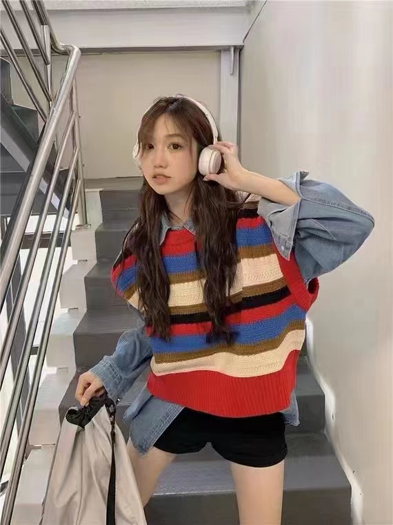 Rainbow striped knitted vest for women autumn outer sleeveless sweater vest internet celebrity loose short vest
