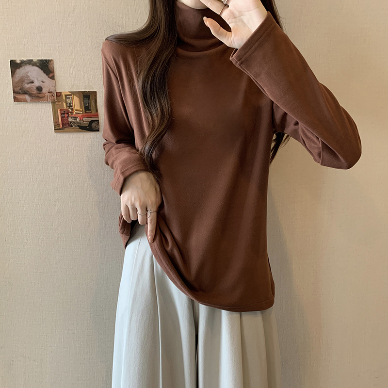 大碼女裝秋冬新款打底衣百搭堆堆領內搭德絨保暖高領打底衫