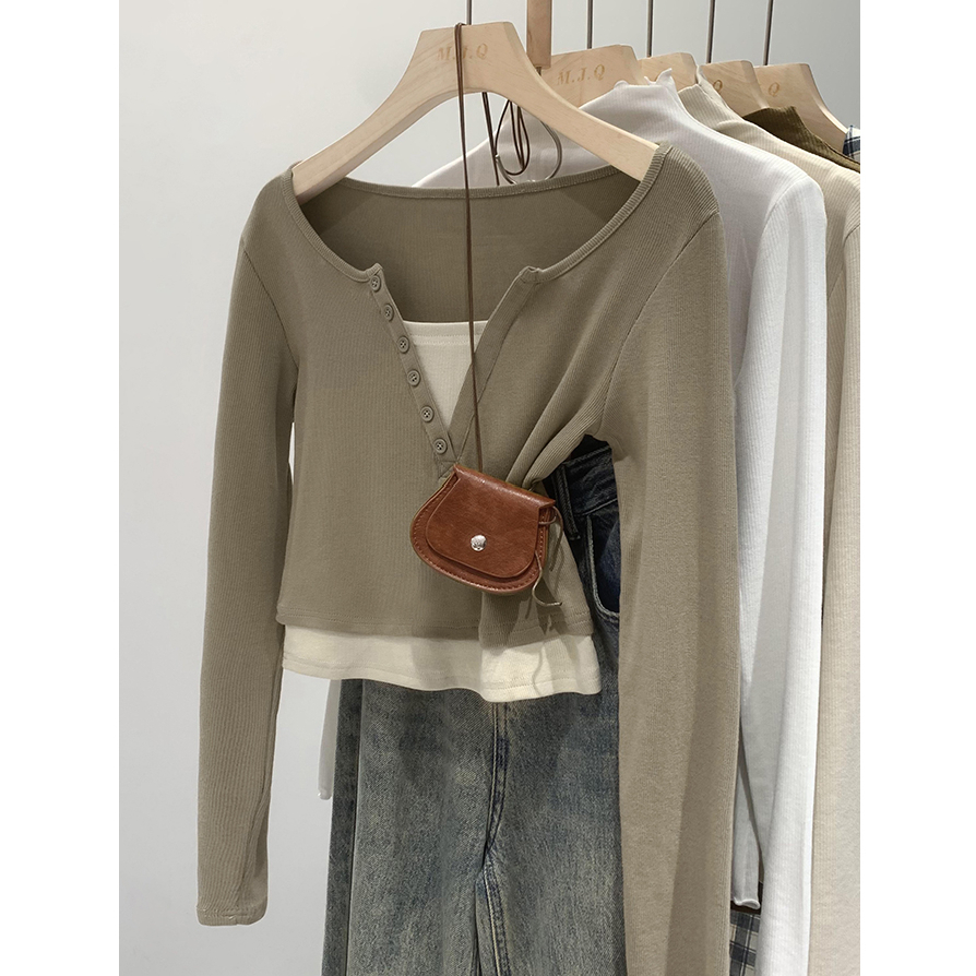 Autumn short slim slim T-shirt long-sleeved tops for women 2023 new fake two-piece bottoming shirt