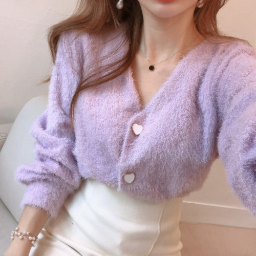 Korean chic fashionable V-neck heart-shaped single-breasted mink plush short knitted top jacket