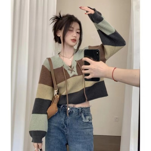 2023 New Korean Style Dongdaemun Stripe Contrast Color Lace V-neck Slimming Versatile Short Long Sleeve Sweater