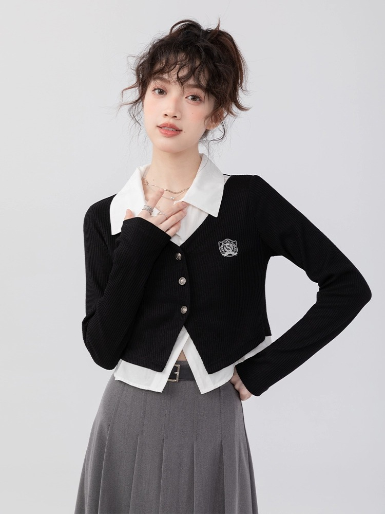 Tmall quality polo collar women's autumn design fake two-piece black slim long-sleeved college style tops