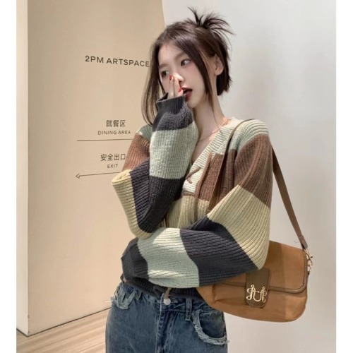2023 New Korean Style Dongdaemun Stripe Contrast Color Lace V-neck Slimming Versatile Short Long Sleeve Sweater