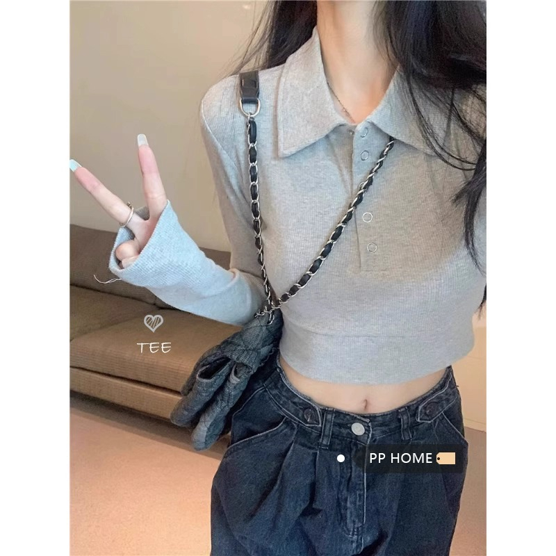 PPHOME soft and sweet girl~short waisted POLO collar long-sleeved tops for women sweet and spicy bottoming shirts slim fit and versatile T-shirts