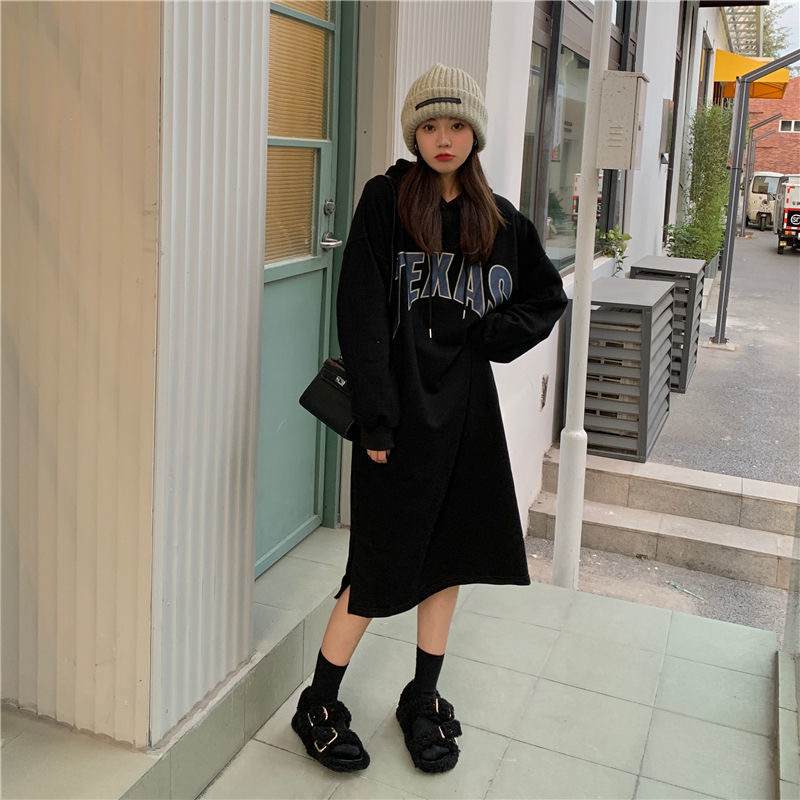 250g large sweatshirt 2023 winter Korean version simple letter print sweatshirt skirt plus velvet thickened hooded skirt