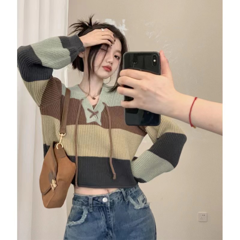 2023 New Korean Style Dongdaemun Stripe Contrast Color Lace V-neck Slimming Versatile Short Long Sleeve Sweater