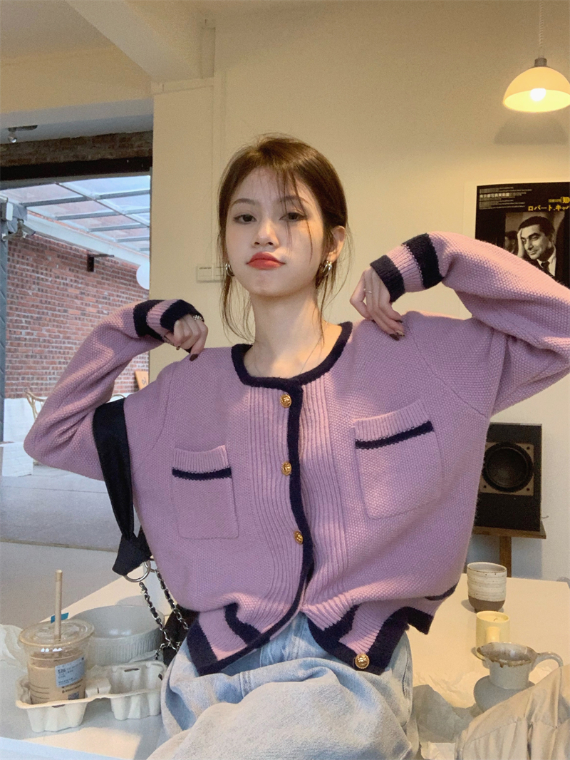 Soft round neck mini color-blocked knitted cardigan top