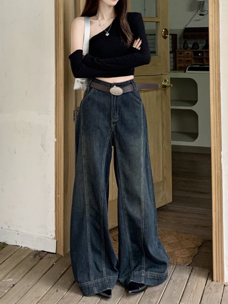 秋季新款高腰寬鬆闊腿褲拖地拼接長牛仔褲女