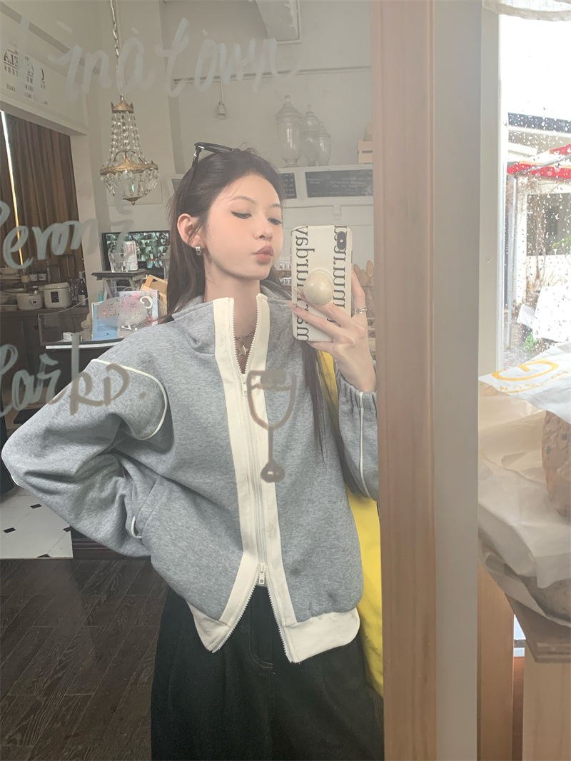 秋裝新款立領拼接寬鬆百搭衛衣外套