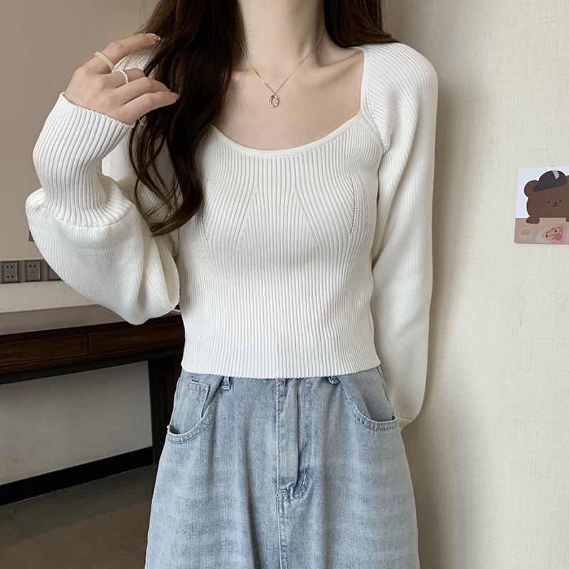 Korean-style square neck long-sleeved short pullover sweater for women 2023 spring and autumn new slim and versatile top with core yarn
