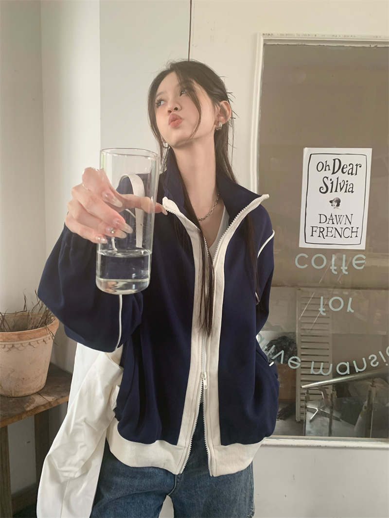 秋裝新款立領拼接寬鬆百搭衛衣外套