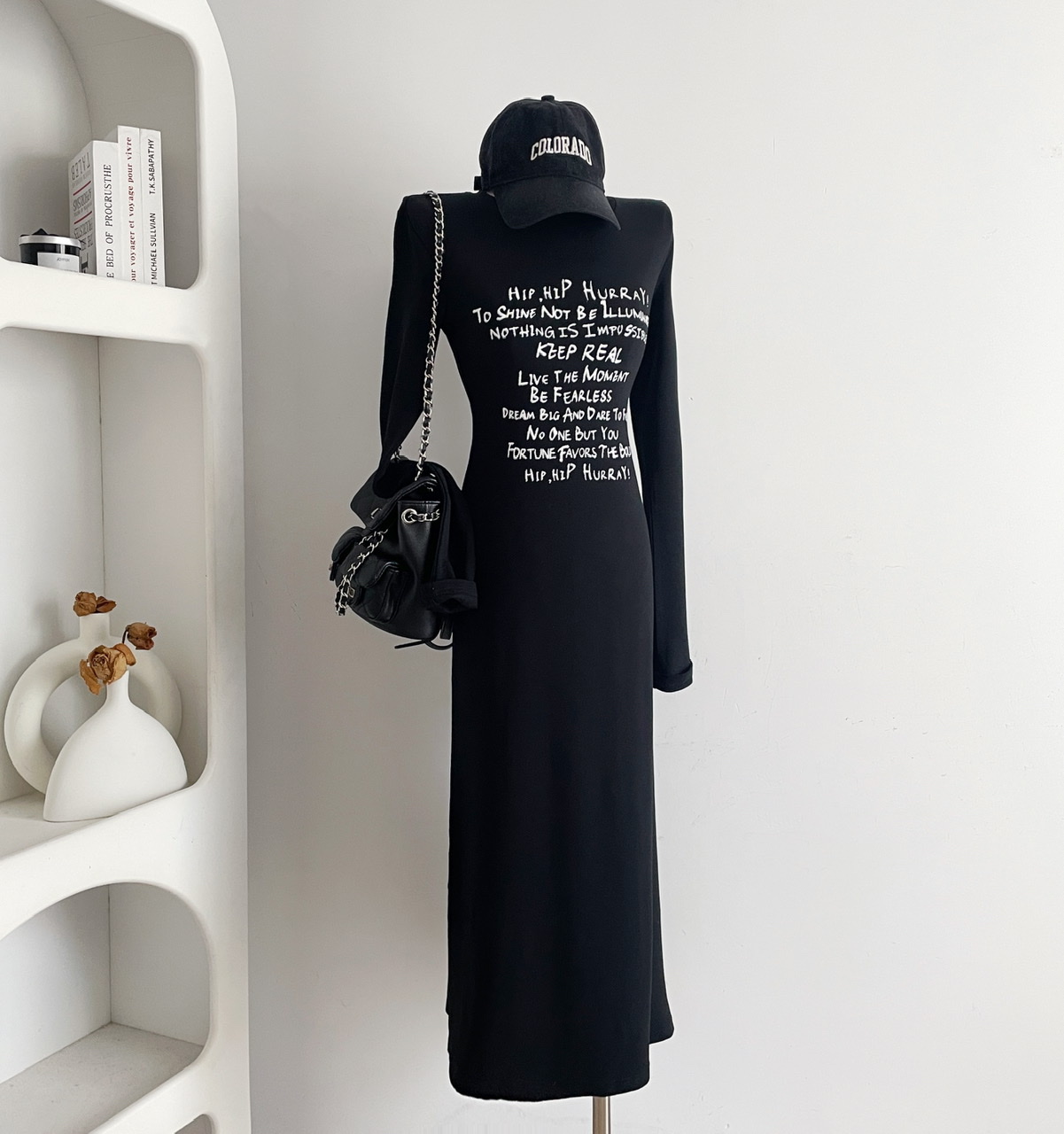 Ouyang Ouyang Black Printed Dress Women's Autumn 2023 New Style Waist Slim Long Skirt Slim Long Skirt