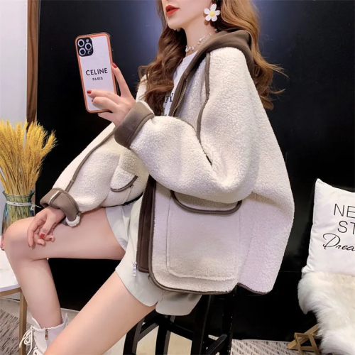 New autumn and winter large size retro sherpa jacket Korean style lazy style warm top loose western style top for women