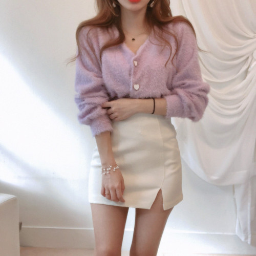 Korean chic fashionable V-neck heart-shaped single-breasted mink plush short knitted top jacket