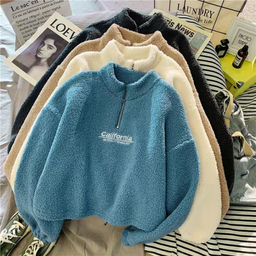 2023 sherpa short half turtleneck sweatshirt for women loose Korean style autumn and winter new top trendy ins outer wear