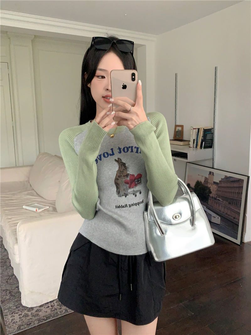 Retro cartoon right shoulder long sleeve sweater for women autumn inner layering shirt design niche top