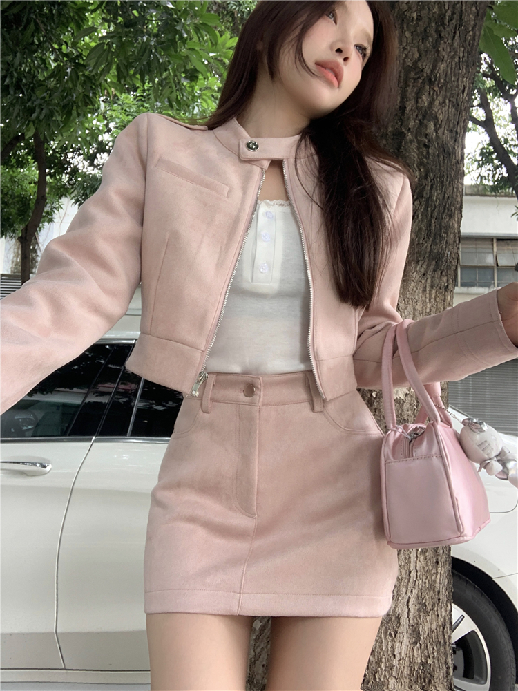 ~White pearl powder pure lust temperament deerskin velvet suit women's short coat autumn