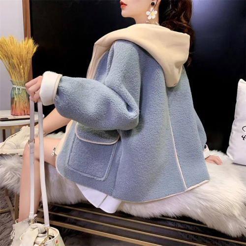 New autumn and winter large size retro sherpa jacket Korean style lazy style warm top loose western style top for women