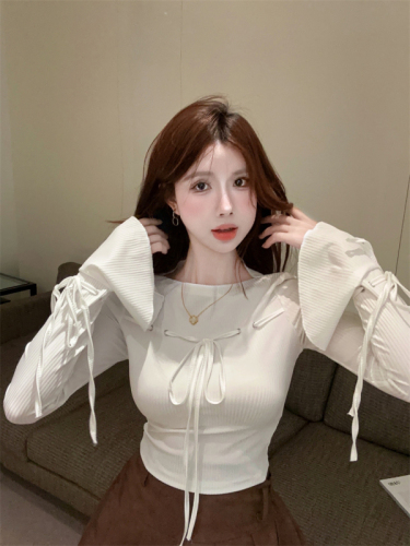 ~Fashionable design drawstring straps bell sleeve crop top sweet and versatile slim long-sleeved T-shirt