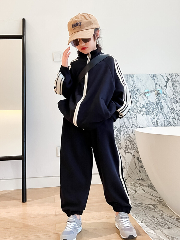 Girls Fashion Color Matching Tie Set 2023 Spring and Autumn Middle and Older Children's Zipper Shirt Sweatshirt Versatile Sweatpants Two-piece Trendy Set