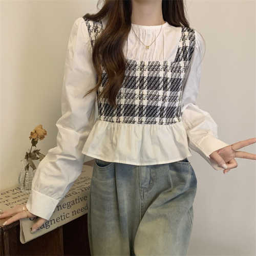 Original fabric Korean style houndstooth fake two-piece long-sleeved shirt for women early autumn loose and slim design doll shirt