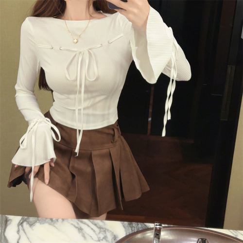 ~Fashionable design drawstring straps bell sleeve crop top sweet and versatile slim long-sleeved T-shirt