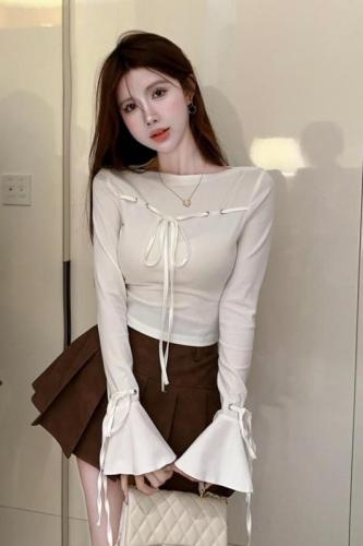 ~Fashionable design drawstring straps bell sleeve crop top sweet and versatile slim long-sleeved T-shirt