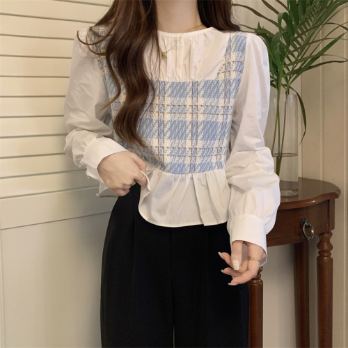 Original fabric Korean style houndstooth fake two-piece long-sleeved shirt for women early autumn loose and slim design doll shirt