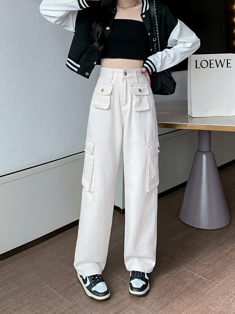 ~High-waisted workwear jeans for women, multi-pocket high street, loose and slim design, wide-leg pants, trendy