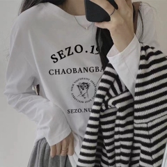 Milk silk, pure cotton, personalized printed long-sleeved T-shirt for women, white contrasting color, simple inner layer, high-end bottoming top