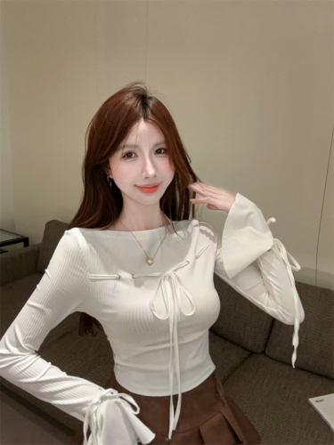 ~Fashionable design drawstring straps bell sleeve crop top sweet and versatile slim long-sleeved T-shirt