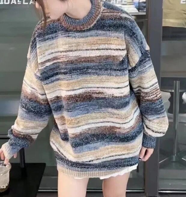 Korean style lazy design long-sleeved sweater autumn and winter new thickened retro striped contrasting color pullover sweater for women