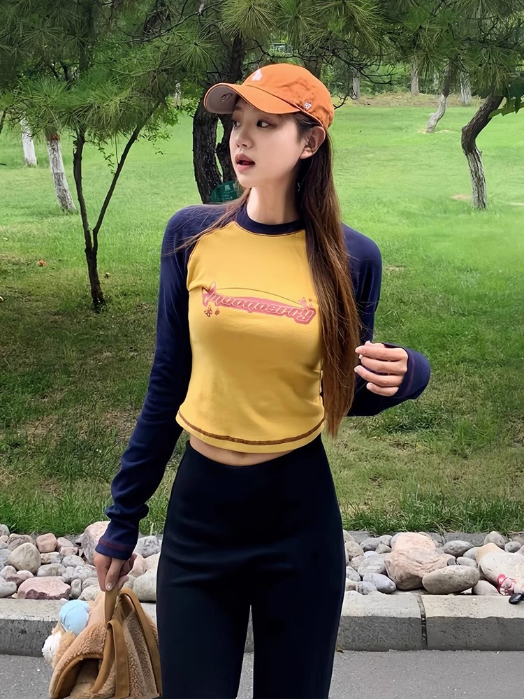 Official picture 40 count pure cotton rib 92 cotton 8 spandex raglan sleeve long sleeve T-shirt new contrast color bottoming shirt top autumn