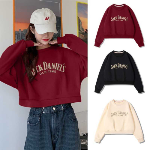 Pure cotton small loose and trendy Korean burgundy spring and autumn thin early autumn short round neck sweatshirt for women
