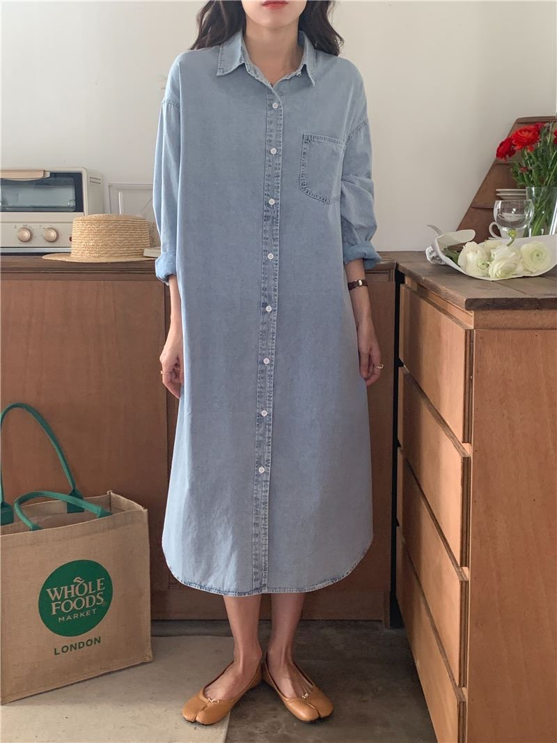 Korean chic autumn simple lapel single-breasted loose shirt dress casual long long-sleeved denim dress for women