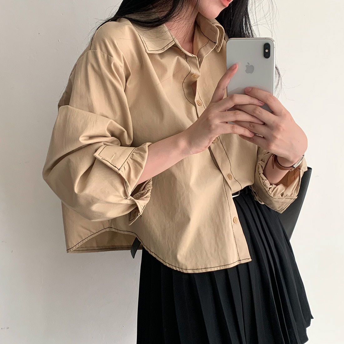 ins autumn design contrasting color topstitching long-sleeved shirt